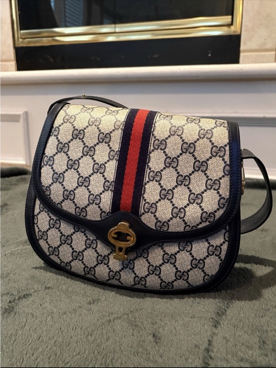 Gucci Handbags - Vintage 80s Gucci GG Monogram Navy Crossbody Bag Web Stripe Gold Key Clasp